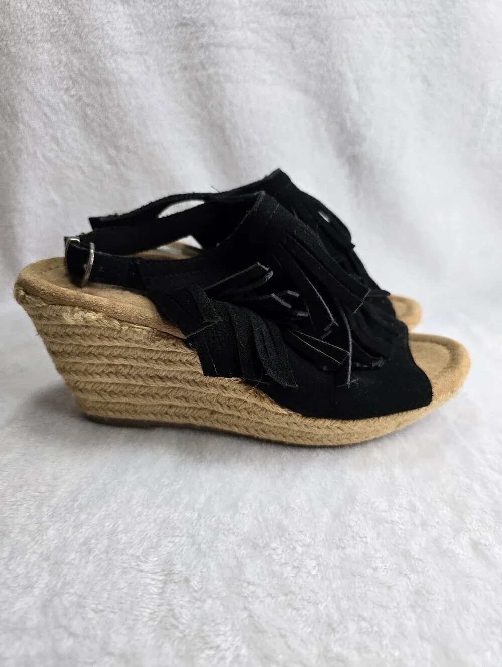 Minnetonka Ashley Fringe Suede Espadrille Wedge Sandals Black Womens Size 6